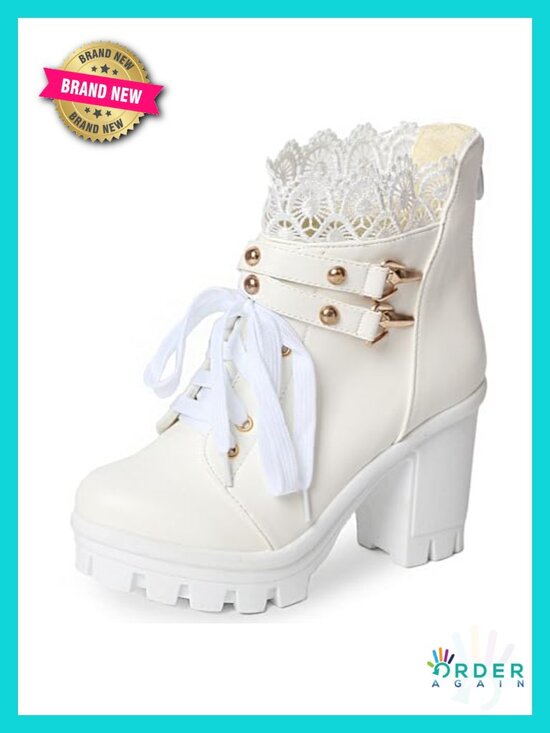 Shoes - MEOTINA Women Platform Ankle Boots Chunky Heel PU Leather Combat Boots